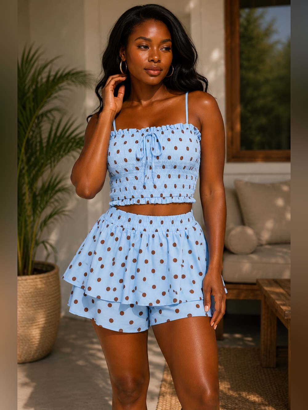 Blue Polka Dot Smocked Crop Top & Layered Shorts Set